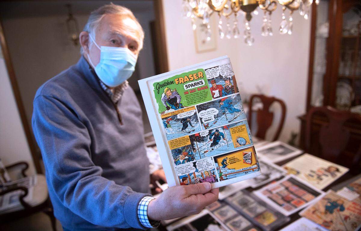 John Bechtholt has collected a museum’s worth of memorabilia celebrating Tacoma native Gretchen Fraser, the United States’ first Olympic skiing medal winner from the 1948 winter games. Bechthold is shown at his home in Fircrest, Washington, on Tuesday, Feb. 8, 2022.