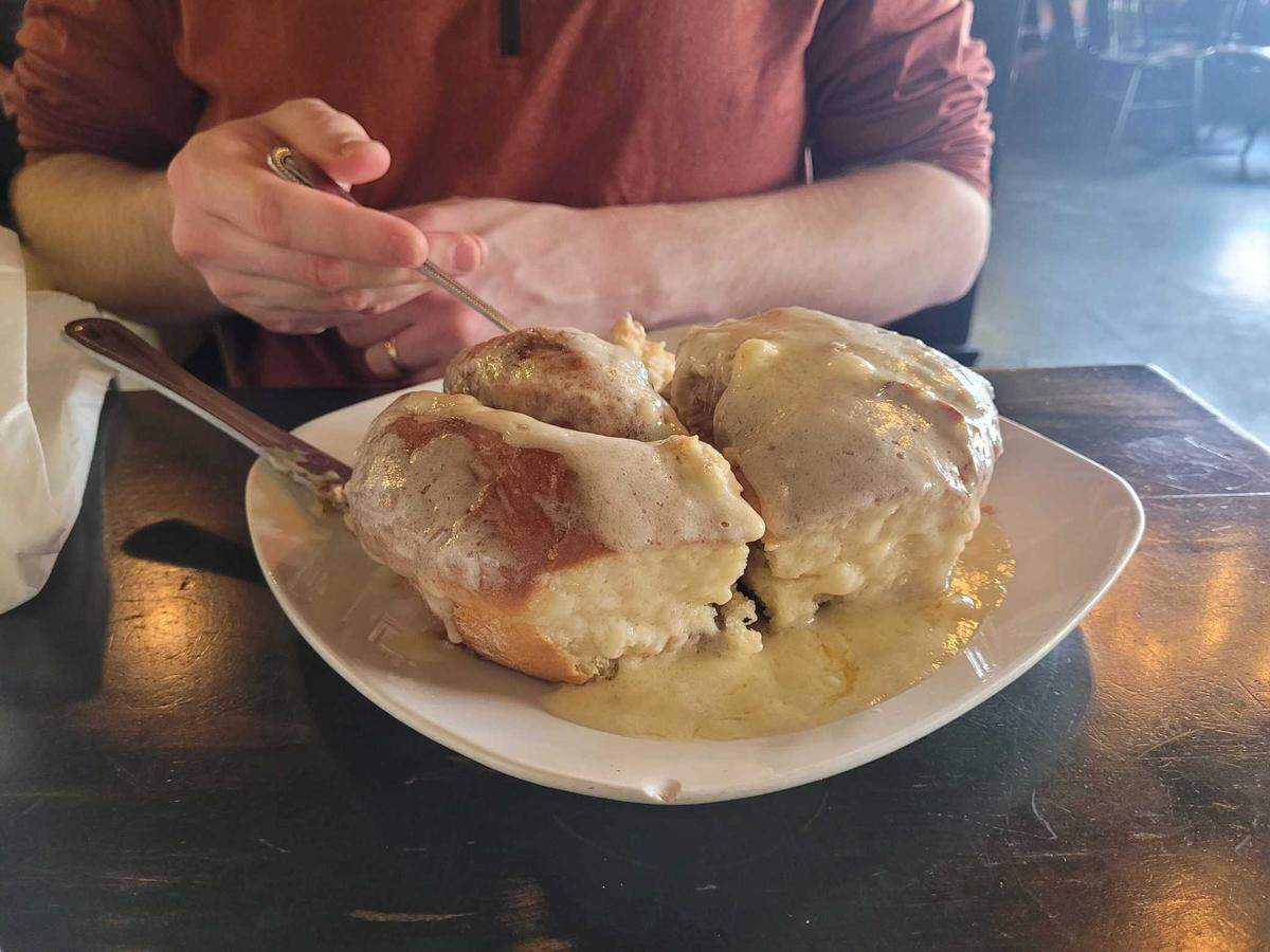 The giant cinnamon rolls at Meridian Cafe in Puyallup are big enough to share with friends.