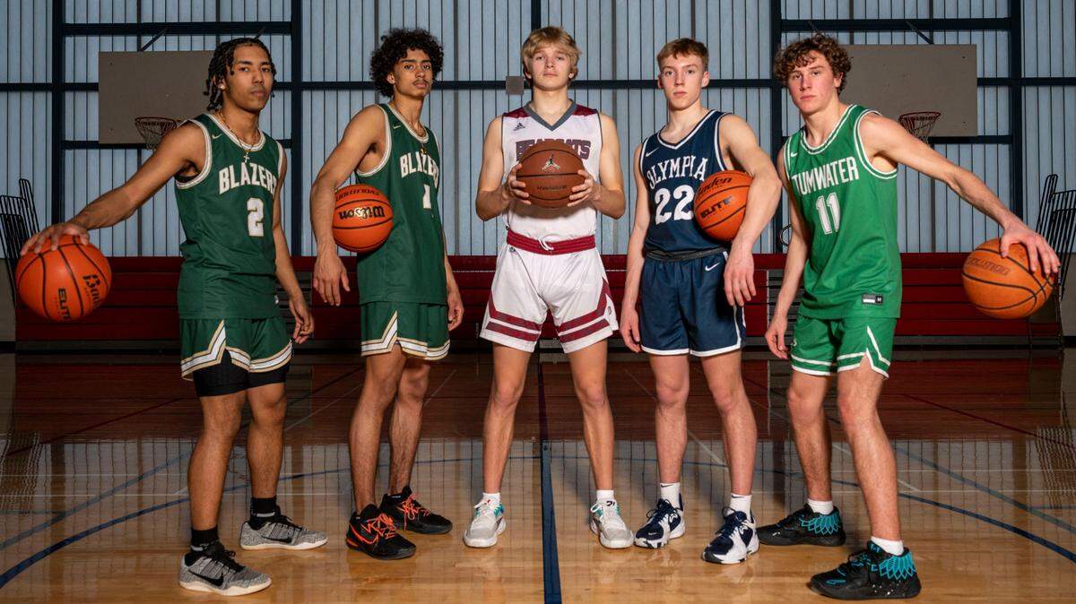 The Olympian’s 2022 All-Area boys basketball team is pictured at Silas High School in Tacoma, Wash. on Wednesday, March 16, 2022. From left: Miles Gurske, of Timberline; Brooklyn Hicks, of Timberline; Dirk Plakinger, of W.F. West; Parker Gerrits, of Olympia; Luke Brewer, of Tumwater.