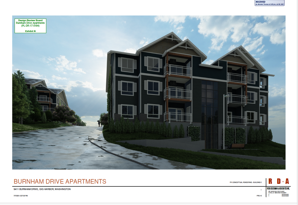 An early rendering for an apartment complex planned for 9411 Burnham Drive in Gig Harbor.