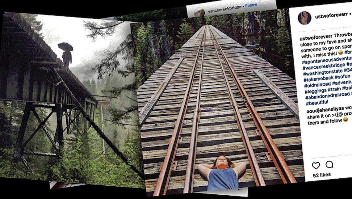 Vance Creek Bridge, the second tallest arched railroad bridge in the United States, has become a magnet for young people to illegally climb and shoot photos for social media. These are some of the 13,196 images posted to Instagram bearing the hashtag, #VanceCreekBridge.