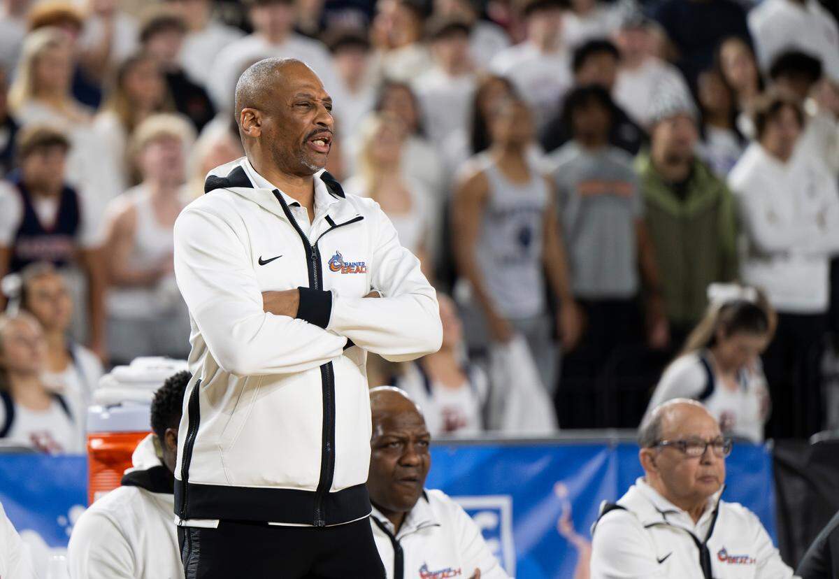 Rainier Beach Vikings head coach  Mike Bethea watches form the sidelines during the Class 3A state championship game against Eastside Catholic at the Tacoma Dome, on Saturday, March 2, 2024, in Tacoma.