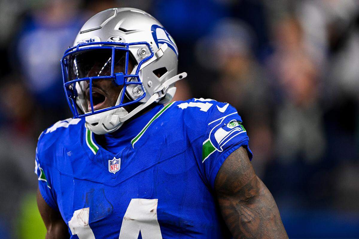 Seattle Seahawks wide receiver DK Metcalf (14) reacts to a touchdown that was called back after an illegal shift called on the Seattle Seahawks during the fourth quarter of the game at Lumen Field, on Thursday, Oct. 10, 2024, in Seattle, Wash.