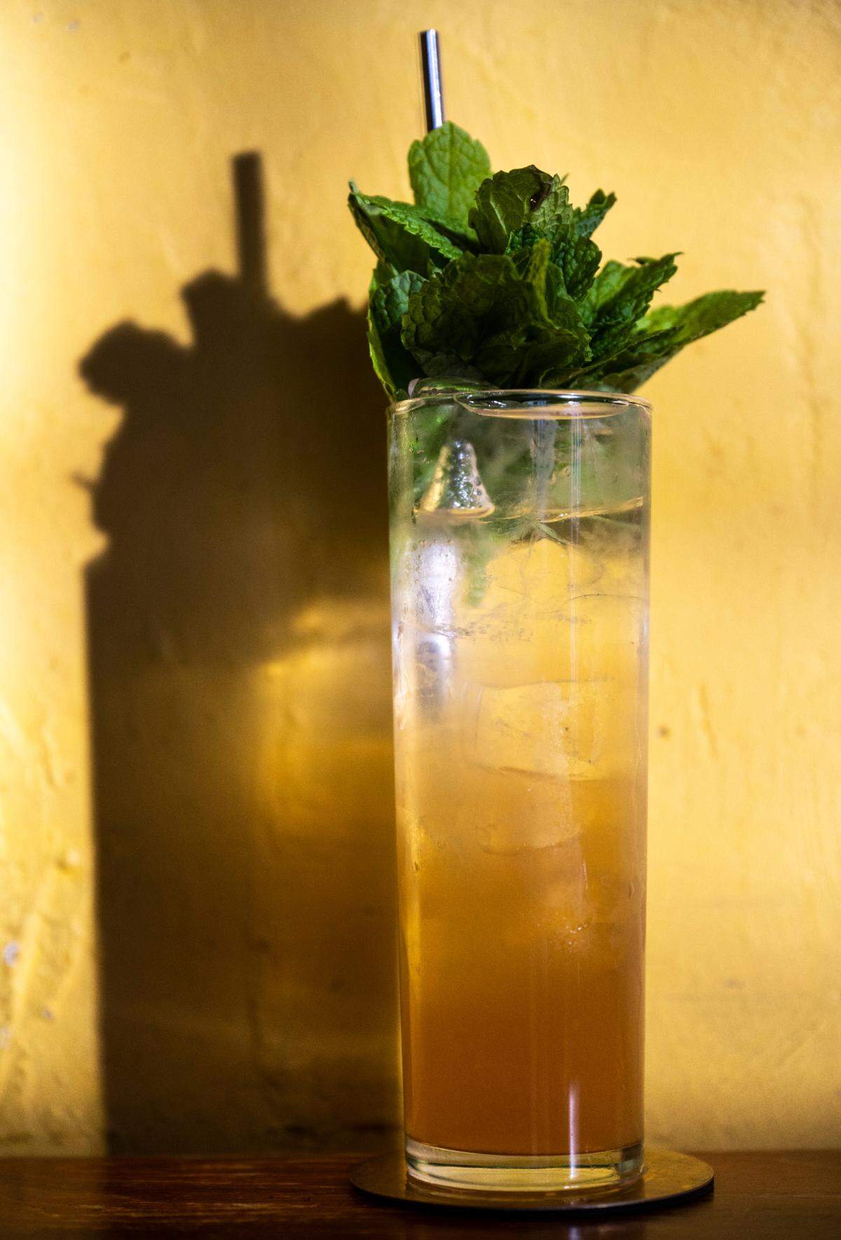 Bar manager Mikey de Alwis has a great cocktail list of New Orleans classics and modern spins, like this mojito with pear-infused rum basking in the sunlight streaming through the restaurant’s French doors.