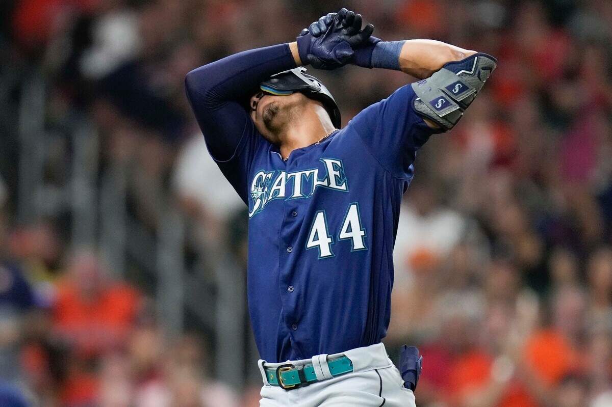 Seattle Mariners’ Julio Rodriguez reacts after striking out during the eighth inning of the team’s baseball game against the Houston Astros, Saturday, July 30, 2022, in Houston. (AP Photo/Eric Christian Smith)