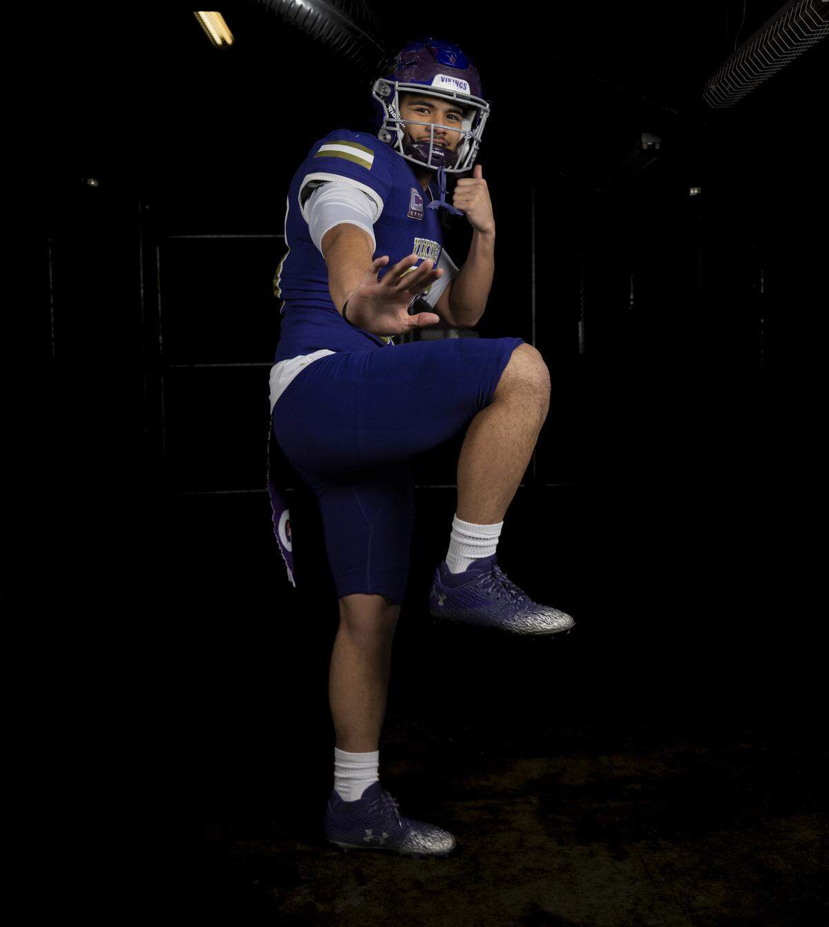 Puyallup junior linebacker Michael Pulalasi poses for a portrait after being selected as first-team defense for The News Tribune’s 2025 All-Area football team at Mount Tahoma High School, on Sunday, Dec. 7, 2025, in Tacoma, Wash.