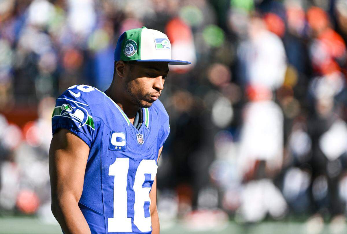 Seattle Seahawks wide receiver Tyler Lockett (16) walks on the field before the game against the Cleveland Browns at Lumen Field, Sunday, Oct. 29, 2023, in Seattle, Wash.