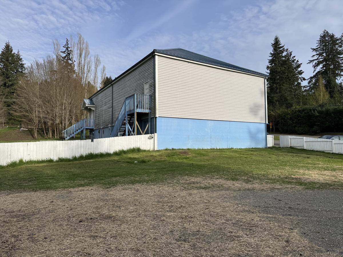 The back of the vacant Masonic Lodge at Crescent Creek Park, Wednesday, April 9, 2025, in Gig Harbor, Wash.