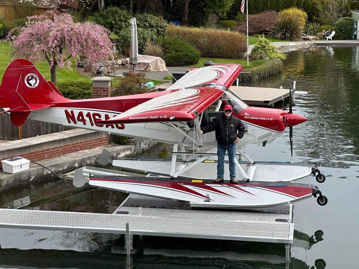 Mark Ceccarelli with his Husky floatplane before it was destroyed in a May 9, 2023, crash near Lake Steilacoom.