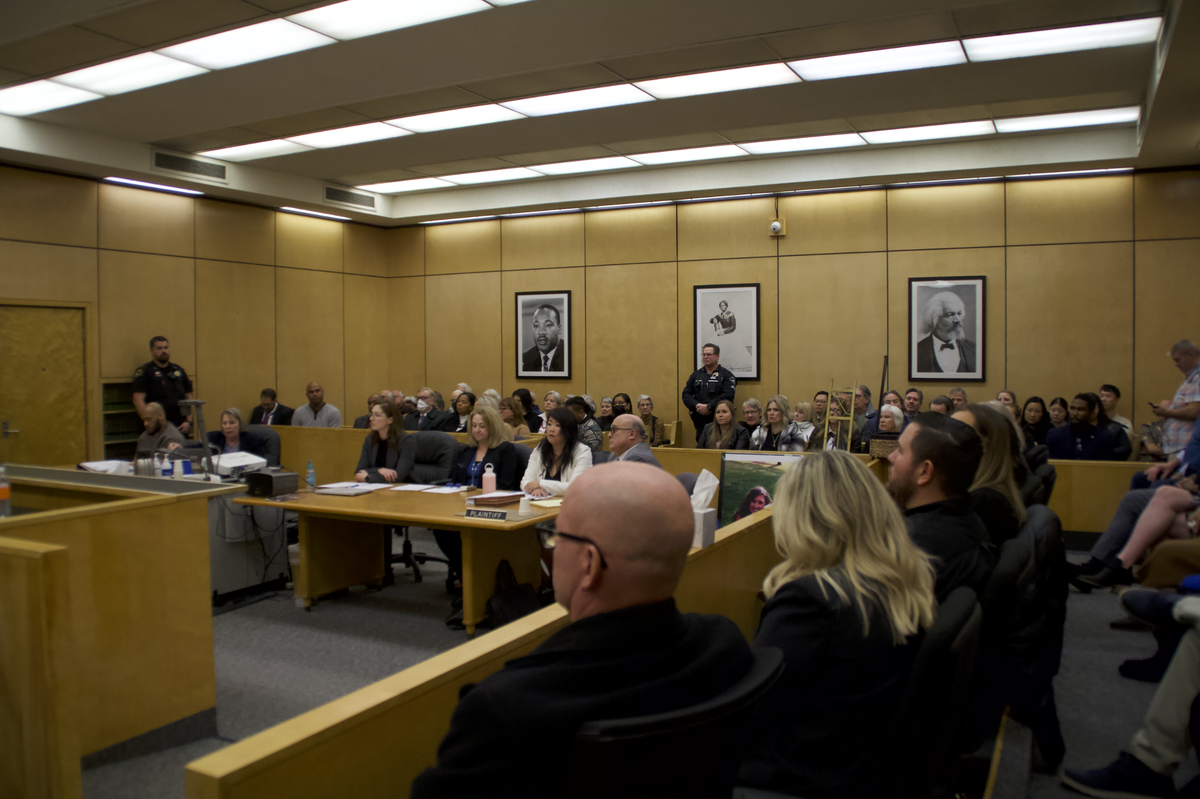 More than 60 people pack a Pierce County Superior Court room gallery and its jury box to attend the Friday, Dec. 1, 2023 re-sentencing hearing of 33-year-old Joshua Ellis. After the defendant’s first conviction was overturned, Ellis pleaded guilty in August to second-degree murder for the Nov. 3, 2017 fatal shooting of his ex-girlfriend, Wendi Traynor.