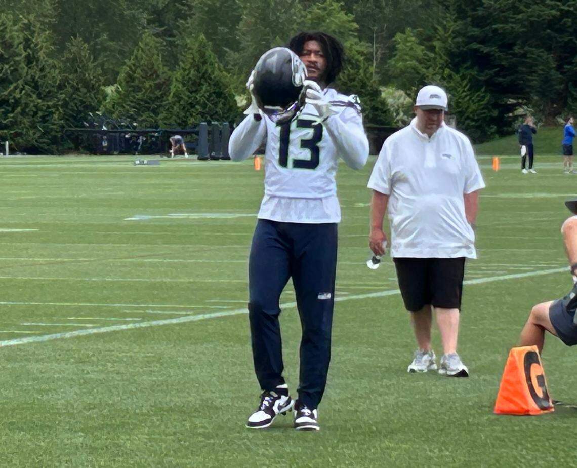 Middle linebacker and defensive signal caller Ernest Jones IV at the start of the fifth organized team activities practice of the Seattle Seahawks offseason, June 4, 2025, at the Virginia Mason Athletic Center in Renton.