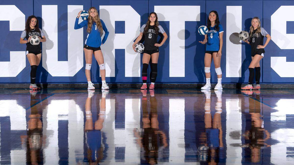 Curtis soccer and volleyball leaders (from left), Liv Lorella, Avery Cukjati, Sophia Mayne, Elaina Duong and Ivy Korbal are looking to take their Vikings teams to respective state championships. They are photographed at Curtis High School in University Place, Washington, on Tuesday, Nov. 19, 2024.