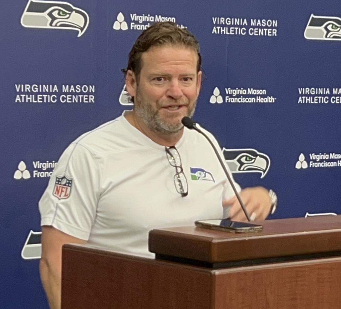 General manager John Schneider speaks to reporters at the Seahawks’ Virginia Mason Athletic Center in Renton Aug. 27, 2025, the day after he and coach Mike Macdonald set their first 53-man roster for the 2025 NFL season.