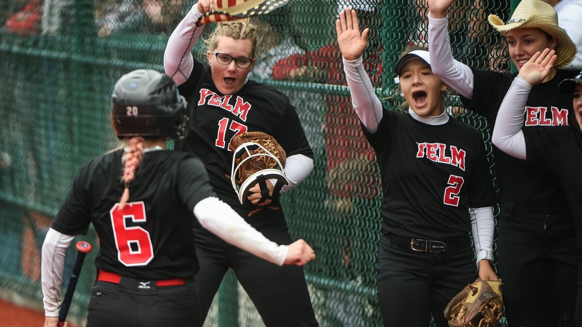 Yelm players including Hailey Brown (17) and Elena Castanon (2) celebrate a run by Cydney Jarvis (6). Yelm played Southridge in a softball game at the Regional Athletic Complex in Lacey, Wash., on Friday, May 24, 2019.