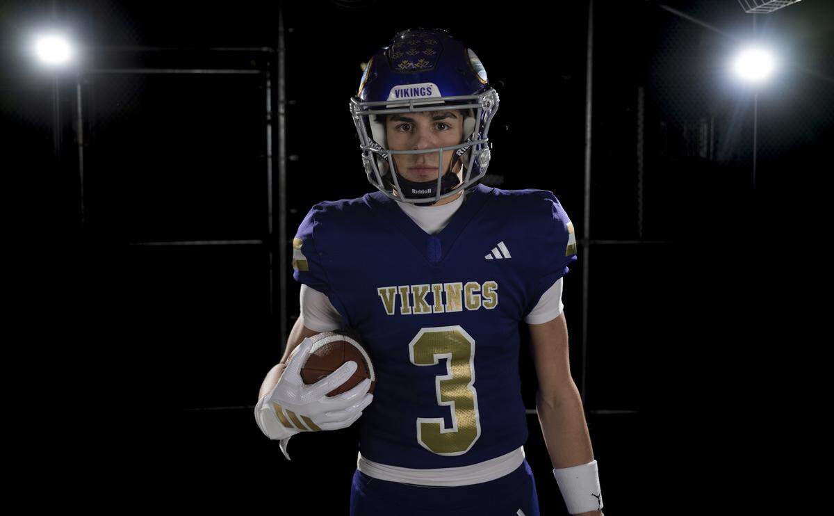 Puyallup senior wide receiver Lawson Looker poses for a portrait after being selected as first-team offense for The News Tribune’s 2025 All-Area football team at Mount Tahoma High School, on Sunday, Dec. 7, 2025, in Tacoma, Wash.