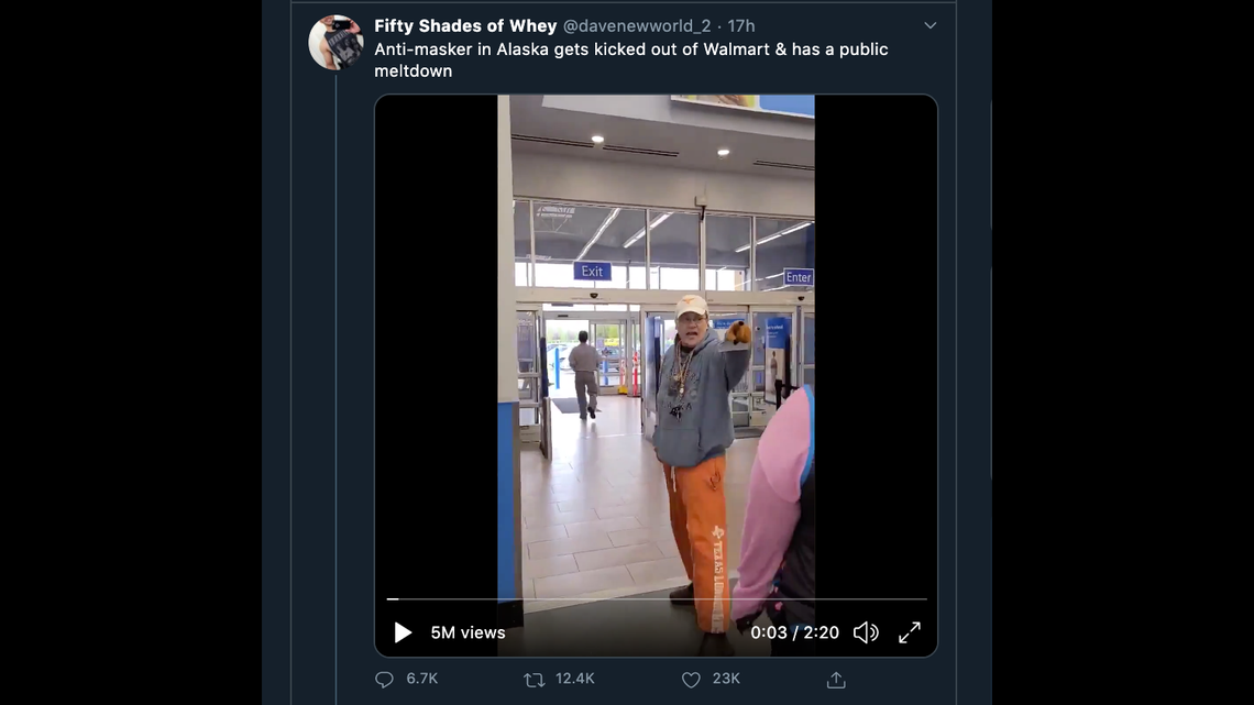 A man in Alaska was caught on video berating workers at a Walmart store in Anchorage on Thursday, a representative from the company said.