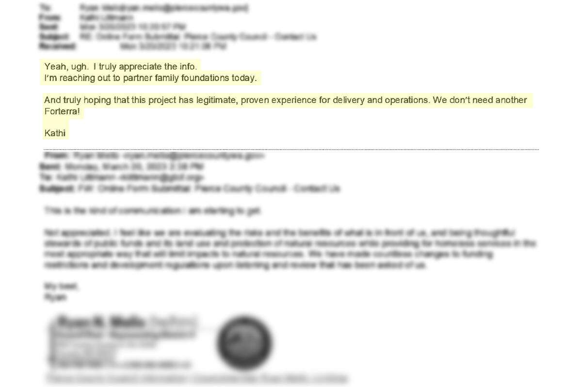 After County Council Chairman Ryan Mello expressed frustration with a some suggestions from the public that the Council was being political with the Pierce County Village, Greater Tacoma Community Foundation executive director Kathi Littman conveyed in this March 20 email that she was hopeful that the project would be successful and not problematic like a stalled housing project in Tacoma’s Hilltop.