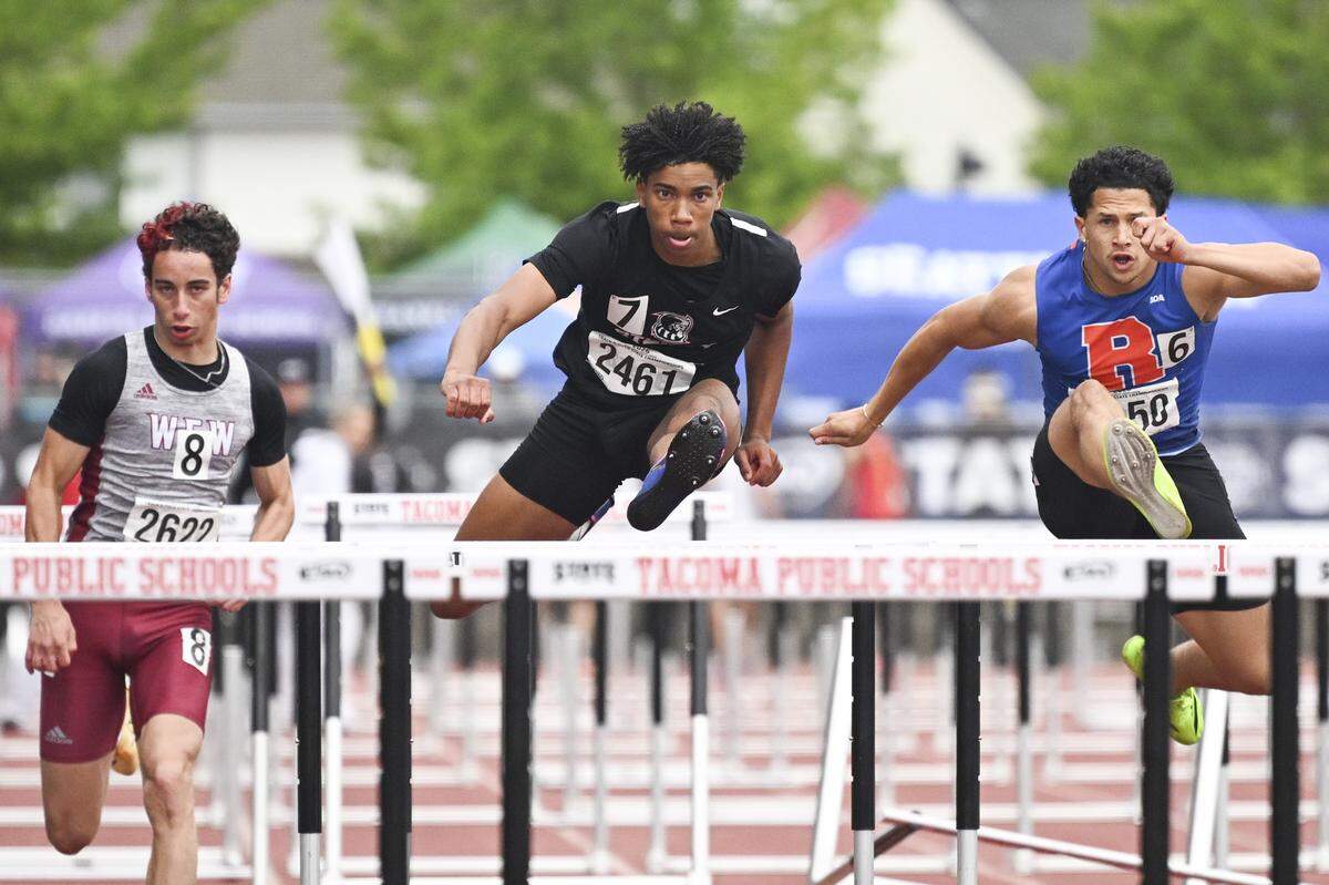 Steilacoom’s Jaylen James, center, competes in the 2A 110-meter hurdles final during the 2026 State Track & Field Championships on Friday, May 29, 2026, in Tacoma, Wash.