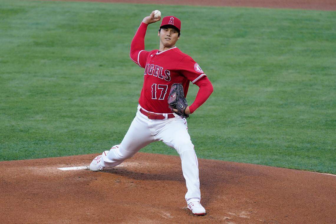Los Angeles Angels starting pitcher Shohei Ohtani (17) throws during the first inning of a baseball game against the Seattle Mariners Friday, June 4, 2021, in Anaheim, Calif. (AP Photo/Ashley Landis)