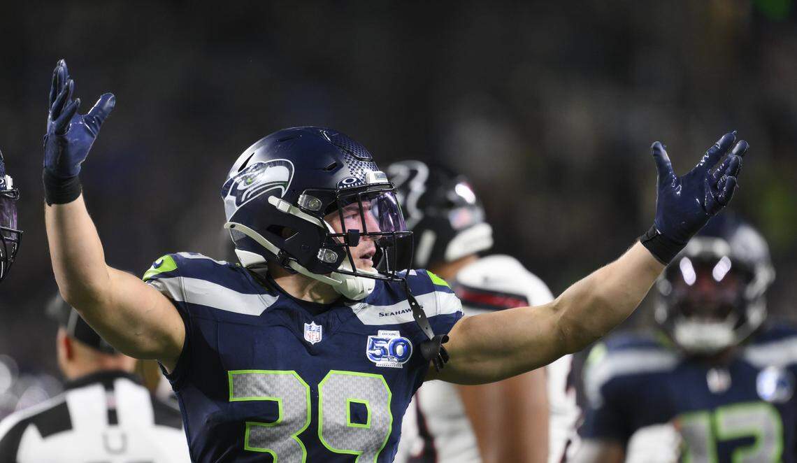 Seattle Seahawks safety Ty Okada (39) reacts to a sack on Houston Texans quarterback C.J. Stroud (7) during the third quarter of the game at Lumen Field, on Monday, Oct. 20, 2025, in Seattle.