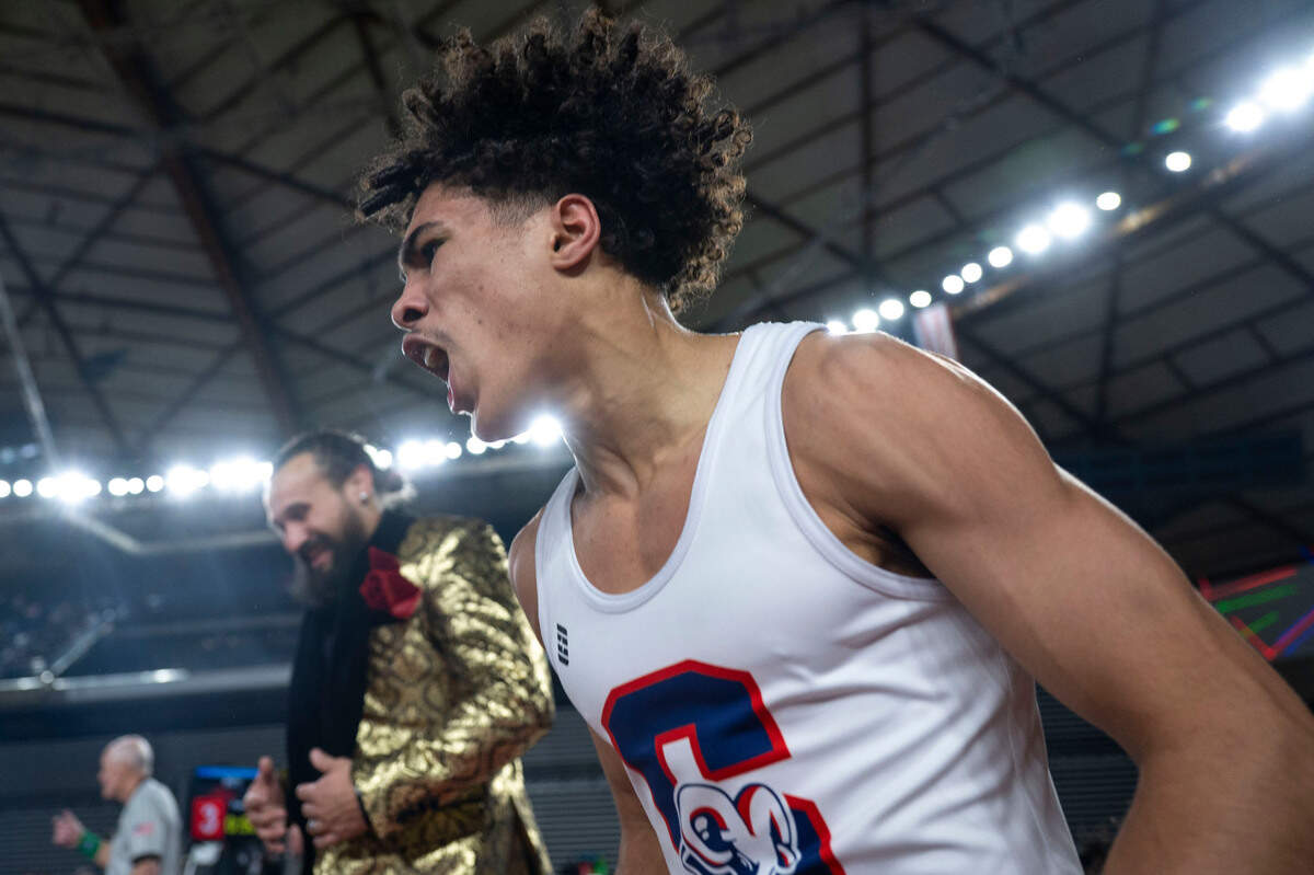 Silas’ Adrian Windsor celebrates after beating Kennewick’s Abraham Noriega to win the Class 3A 113-pound championship on Friday, Feb. 21, 2025, at Mat Classic XXXVI at the Tacoma Dome in Tacoma, Wash.