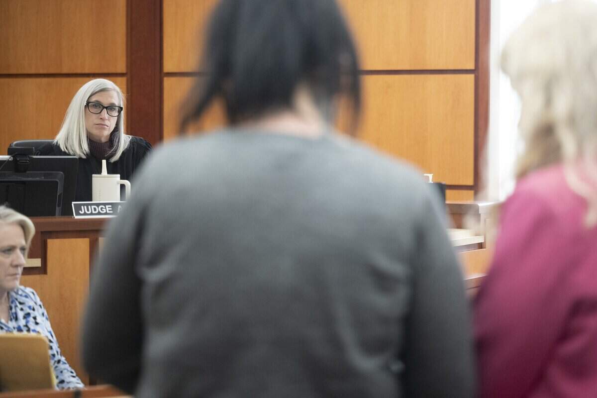 Judge Alicia Burton listens to a victim's mother speak at the sentencing for Jordan Henderson on Friday, May 8, 2026, at Pierce County Superior Court in Tacoma, Wash. Henderson was convicted by a jury of 12 counts of first-degree child molestation in January.