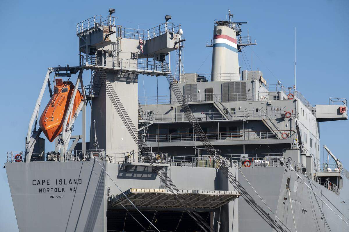 The S.S. Cape Island is pictured along Ruston Way on Tuesday, Sept. 16, 2025, in Tacoma, Wash. The S.S. Cape Intrepid, the other of the two ships that have long been docked there, has been moved to Texas and is on track to be retired next month.