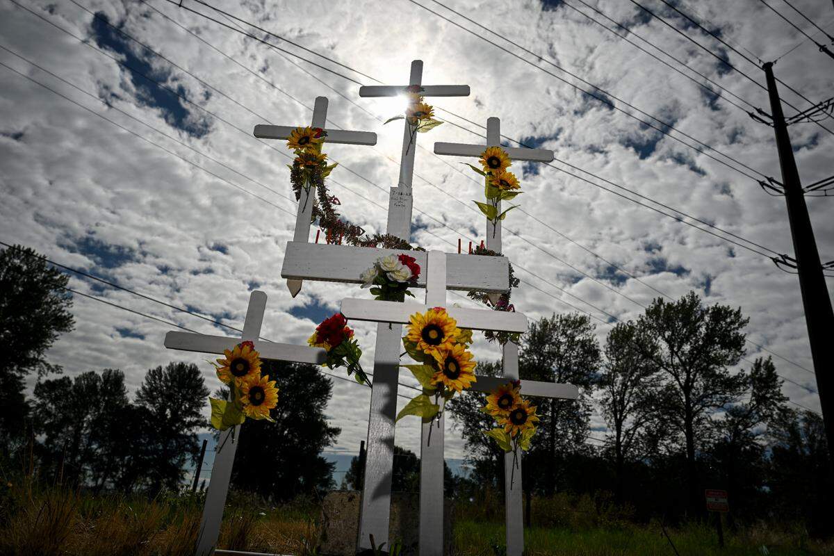The site of a memorial for a July 16 car crash that left six people dead at state Route 509 and Alexander Avenue East. Photographed on Friday, Aug. 11, 2023, in Tacoma.
