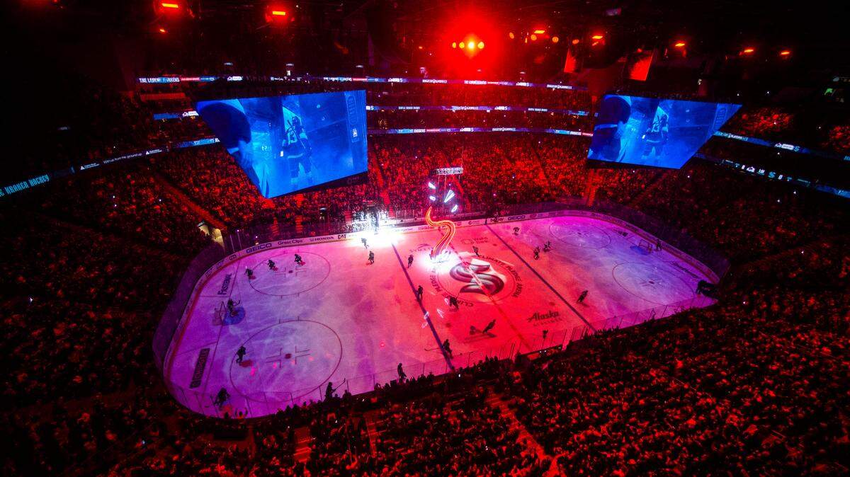 Kraken fans fill the stands before the start of a first round 2023 Stanley Cup Playoffs game against the Colorado Avalanches at Climate Pledge Arena in Seattle on Monday, April 24, 2023.