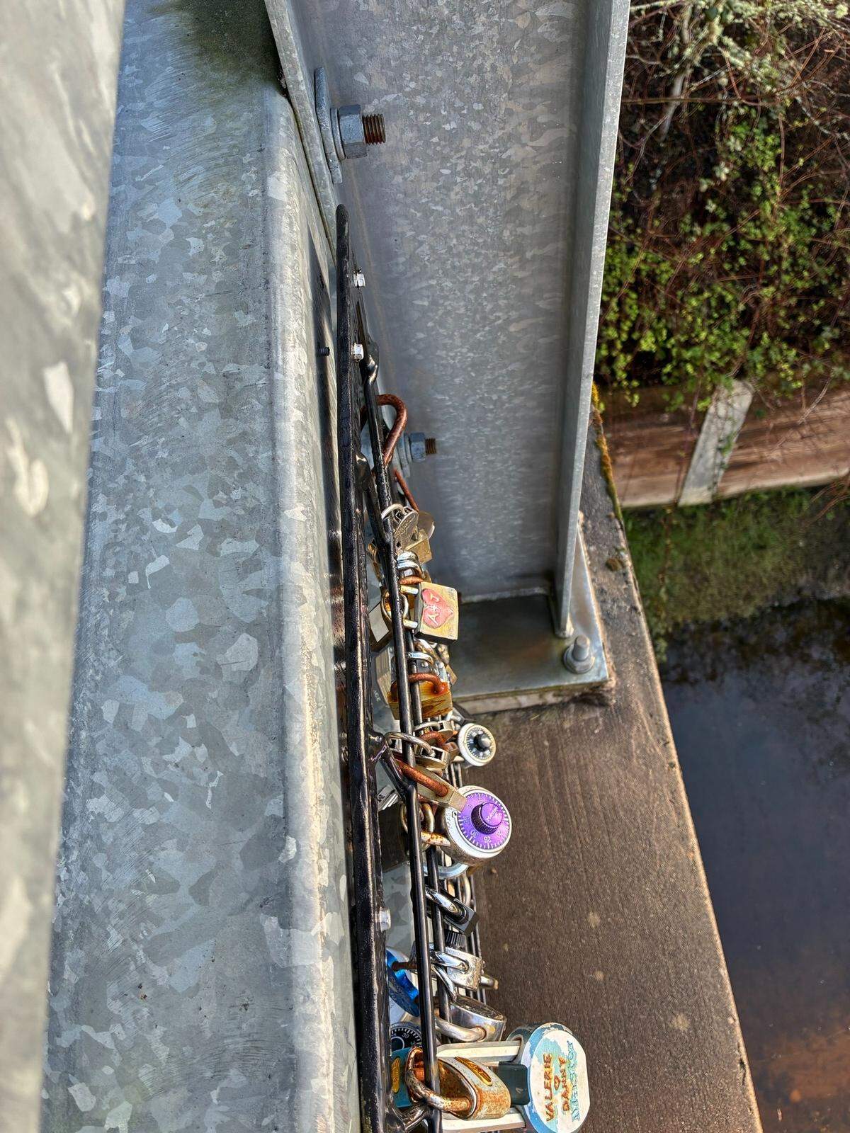 The city of Gig Harbor believes the weight of “love locks” on a bridge over Donkey Creek led to a broken fastener, allowing the wire safety mesh to detach from the bridge.