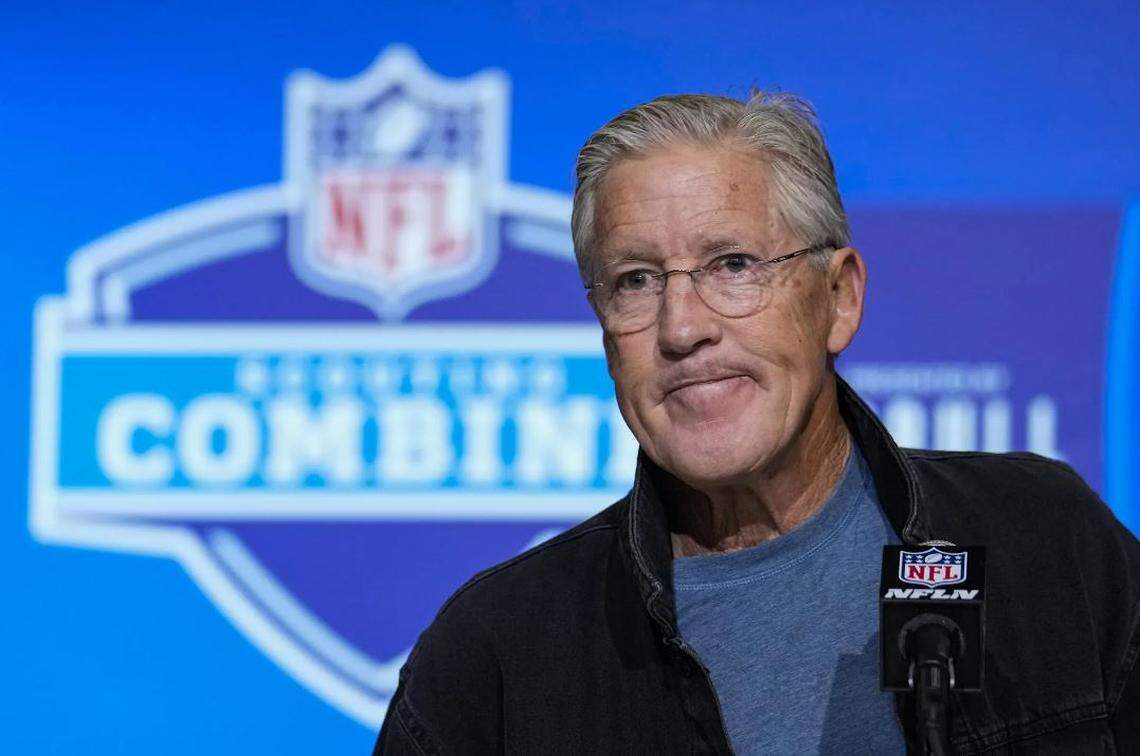Seahawks coach Pete Carroll speaking at a press conference inside the Indiana Convention Center Tuesday, Feb. 28, 2023, at annual NFL scouting combine.