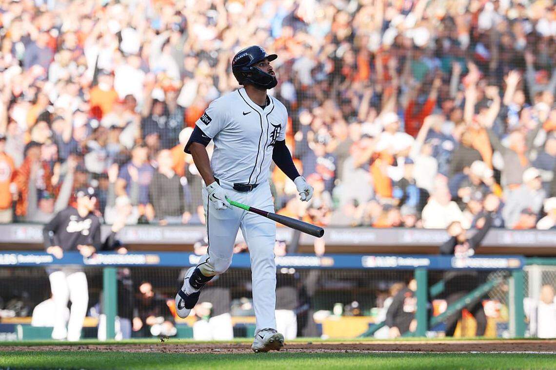 DETROIT, MICHIGAN - OCTOBER 08: Riley Greene #31 of the Detroit Tigers celebrates after hitting a solo home run against the Seattle Mariners during the sixth inning of game four of the American League Division Series at Comerica Park on October 08, 2025 in Detroit, Michigan. (Photo by Gregory Shamus/Getty Images)