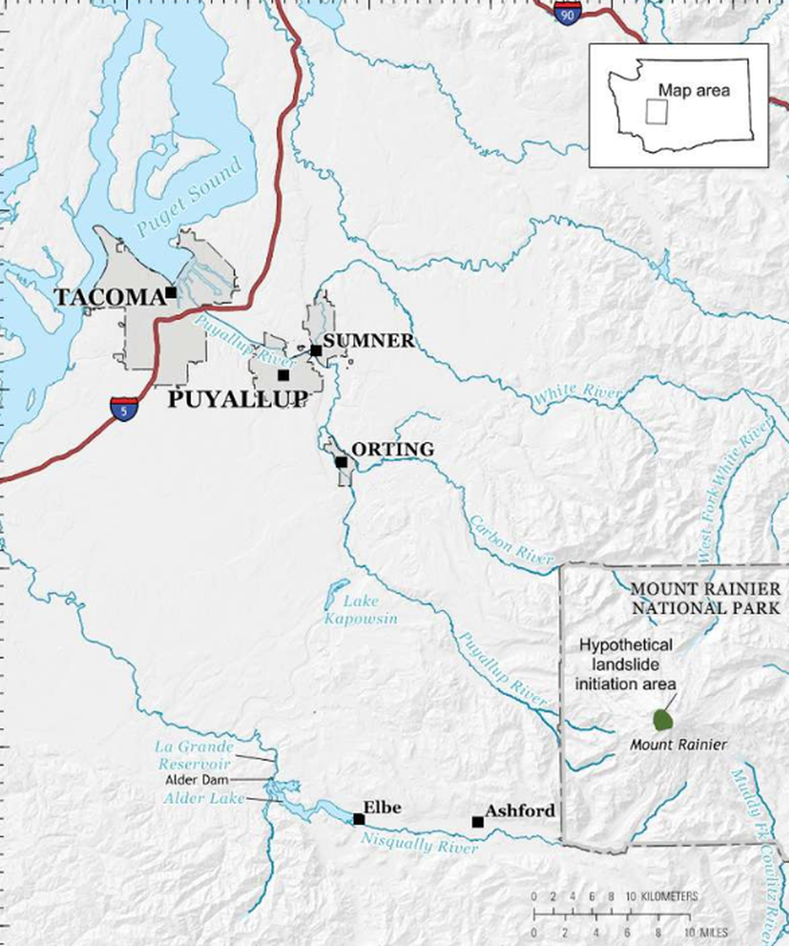 A map shows Mount Rainer’s lahar hazard zone, with the red line being the boundary where it ends. Orting, Sumner and Puyallup are all at risk for a lahar, which happens when mud, dirt, water and rocks from the mountain tumble down the slopes and into the valley, acting like moving concrete.