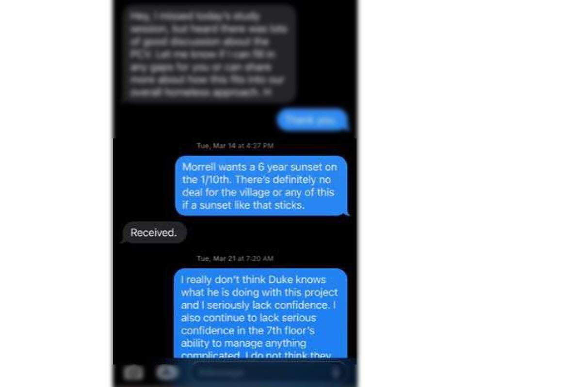 In text messages sent to Pierce County Human Services director Heather Moss on March 14 and March 21, Council Chairman Ryan Mello expressed dissatisfaction with a proposed constraint on a 0.1% tax for affordable housing and with the abilities of Tacoma Rescue Mission executive director Duke Paulson and the County Executive’s Office to shepherd the Pierce County Village.