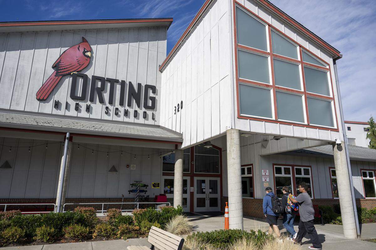Students walk from portables to the main Orting High School building between classes on Wednesday, Oct. 15, 2025, in Orting, Wash.