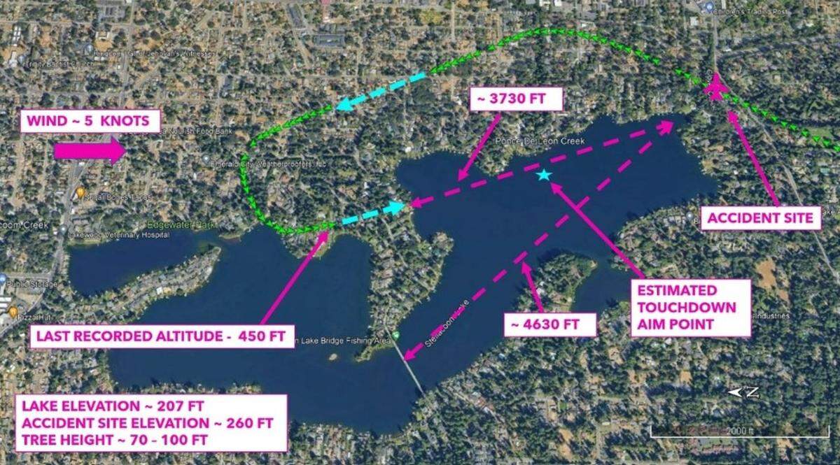 A map shows the route (in green) taken by an Aviat Aircraft Husky A-1C-180 that crashed in Lakewood on May 9, 2023.