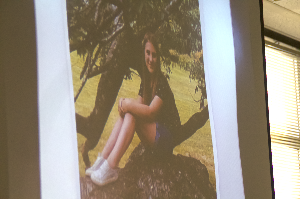 A photograph of Immaculee Goldade, 12, is projected onto a screen during closing arguments Wednesday, July 26, 2023, in Terry Kohl’s vehicular homicide trial in Pierce County Superior Court. Goldade died Jan. 15, 2022 when she and her friend, Kathleen Olson, were hit by a truck while walking in Parkland.