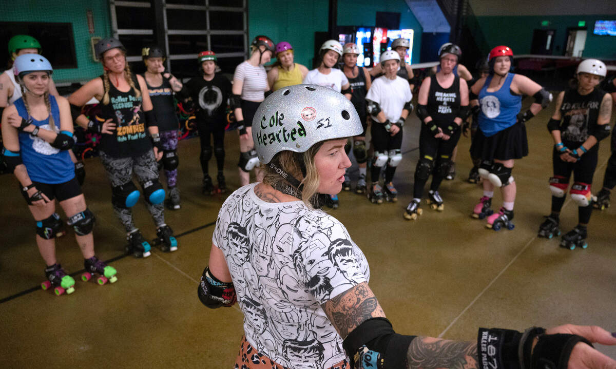 Dockyard Derby Dames skater Cole Hearted leads an instruction session during roller derby practice at Skateworld Tacoma in Fircrest, Washington, Wednesday, Oct. 25, 2023.
