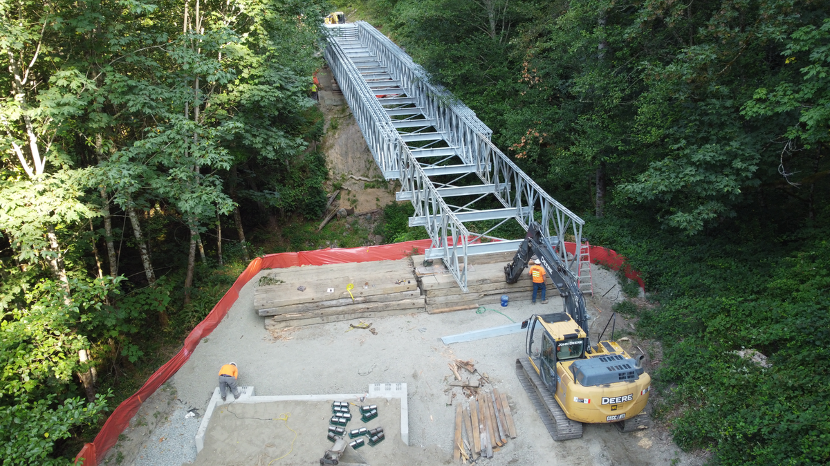 This image shows the reconstruction process of the Spiketon Ditch Bridge on the Foothills Trail as of August 2025.