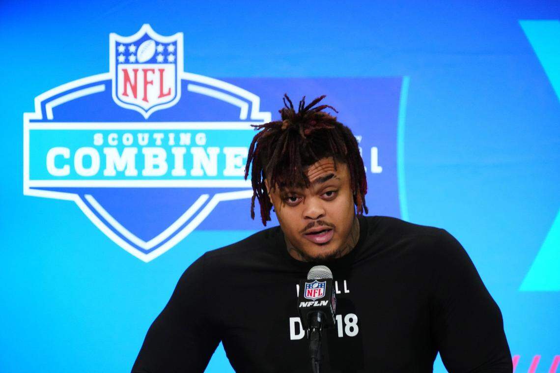 Feb 28, 2024; Indianapolis, IN, USA; Texas defensive lineman Byron Murphy (DL18) speaks at a press conference at the NFL Scouting Combine at Indiana Convention Center. Mandatory Credit: Kirby Lee-USA TODAY Sports