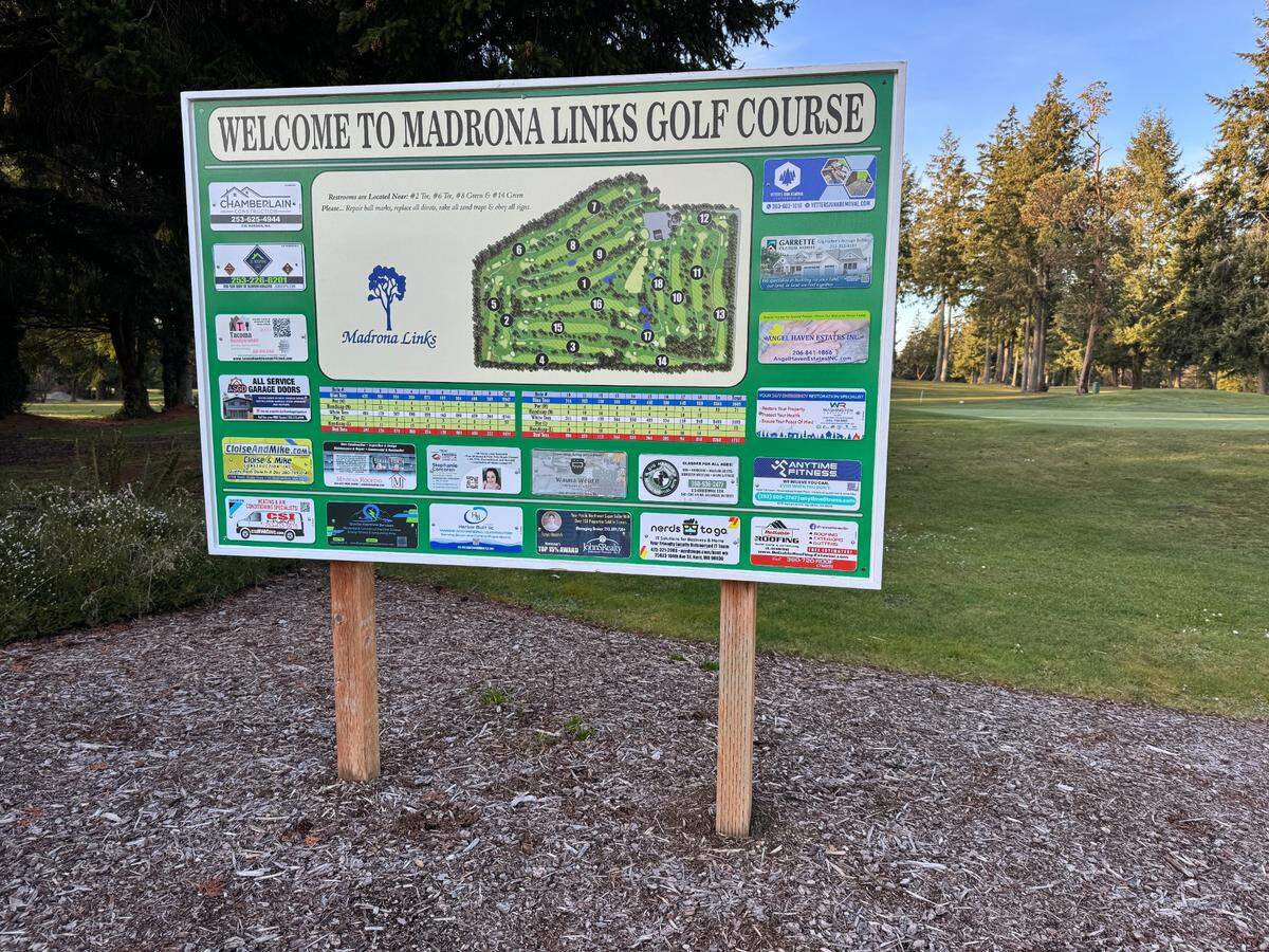 Madrona Links Golf Course map pictured Wednesday, Feb. 12, 2025. The course has 18 holes on 94 acres in the Gig Harbor area and includes a pro shop and restaurant, Hackers Bar &amp; Grill.