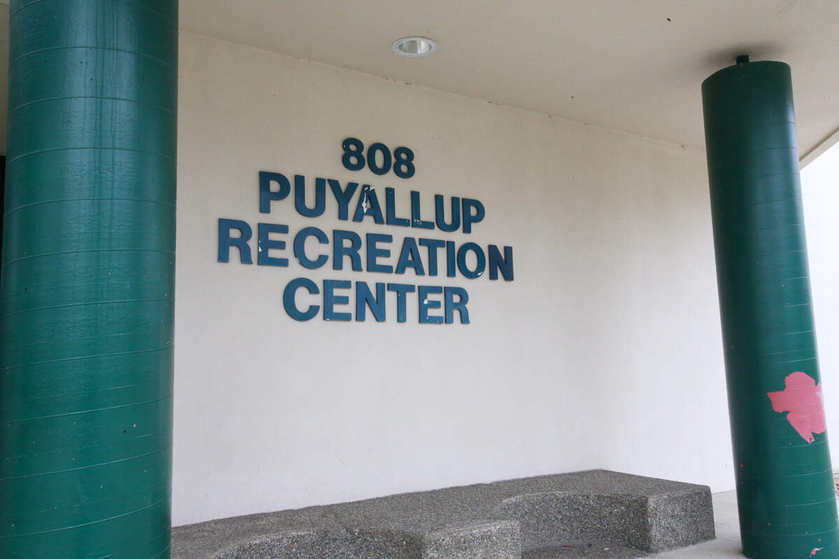 The front sign of the Puyallup Recreation Center on Friday, March 11 in Puyallup.