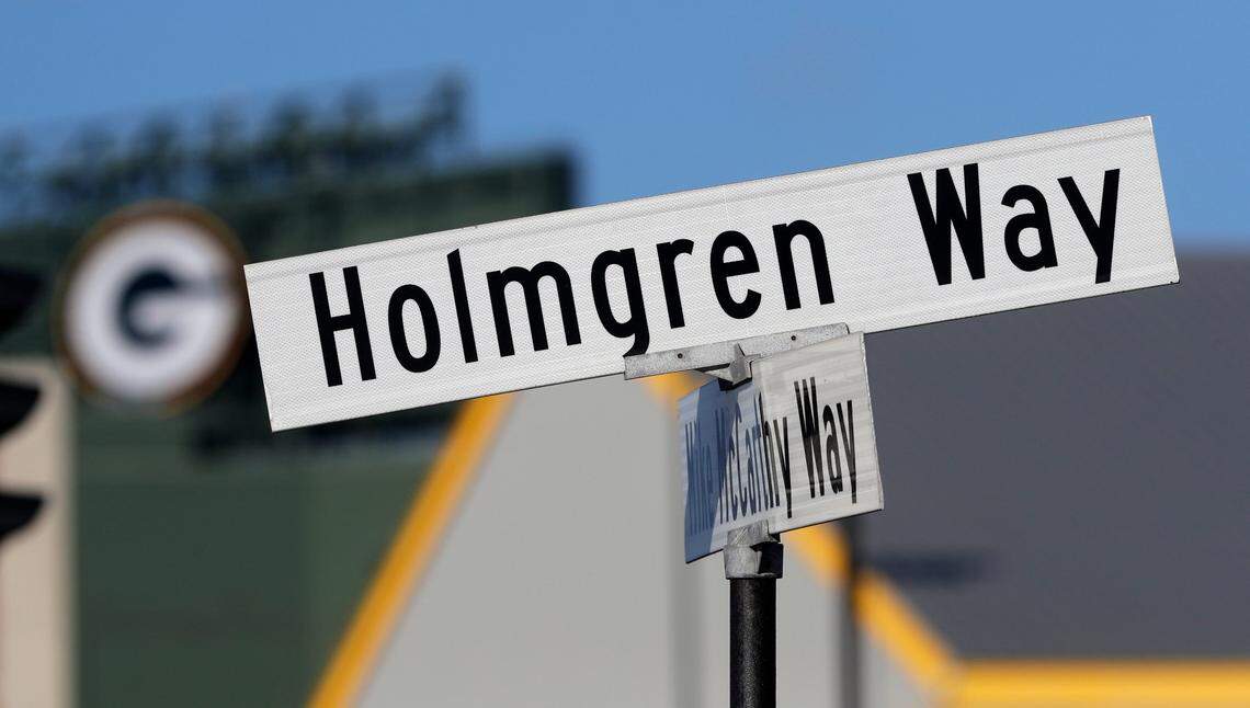 A sign for Holmgren Way pictured on Jan. 31, 2025, in Ashwaubenon, Wis. The street is named for Mike Holmgren, Green Bay Packers head coach from 1992 to 1998.