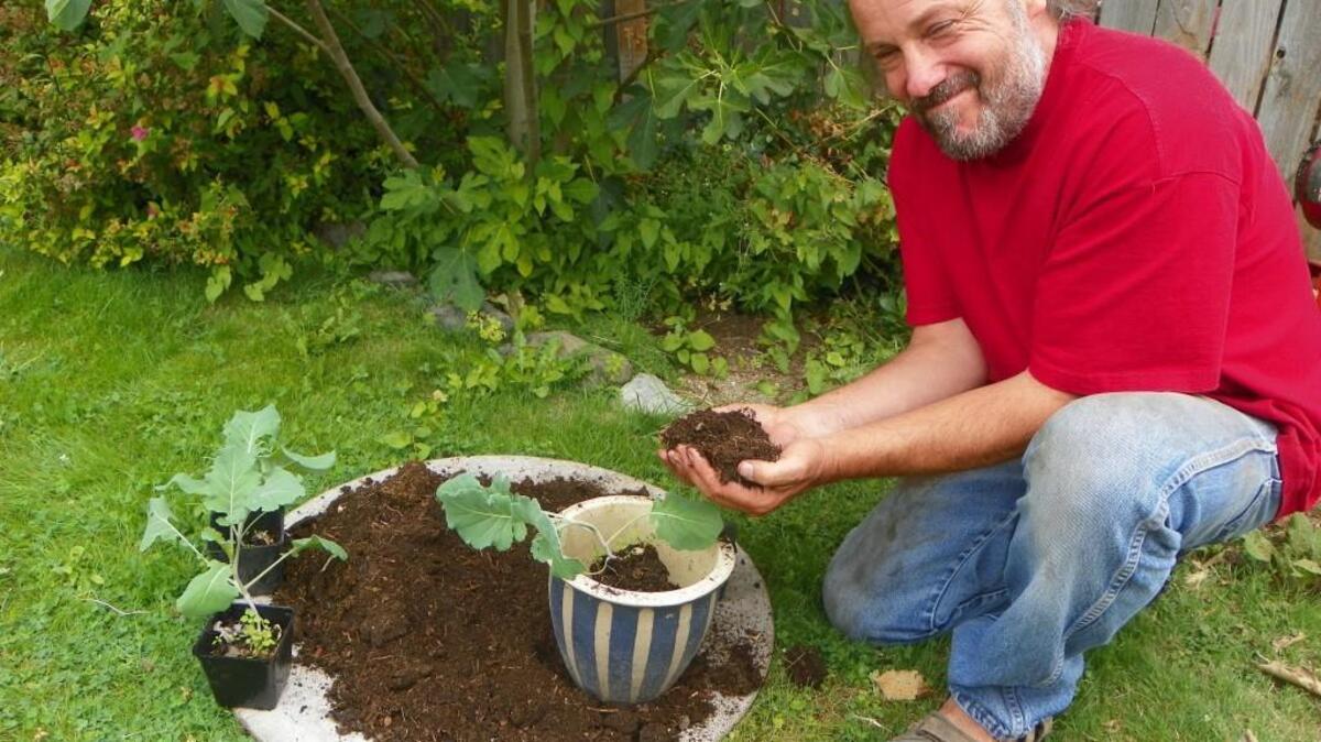 Proctor Farmers Market vendor Dan Borba pots vegetable starts in compost made by Bruce Larson. Larson will be one of the speakers on healthy soil at the market’s Green Day on Sept. 10, 2016.