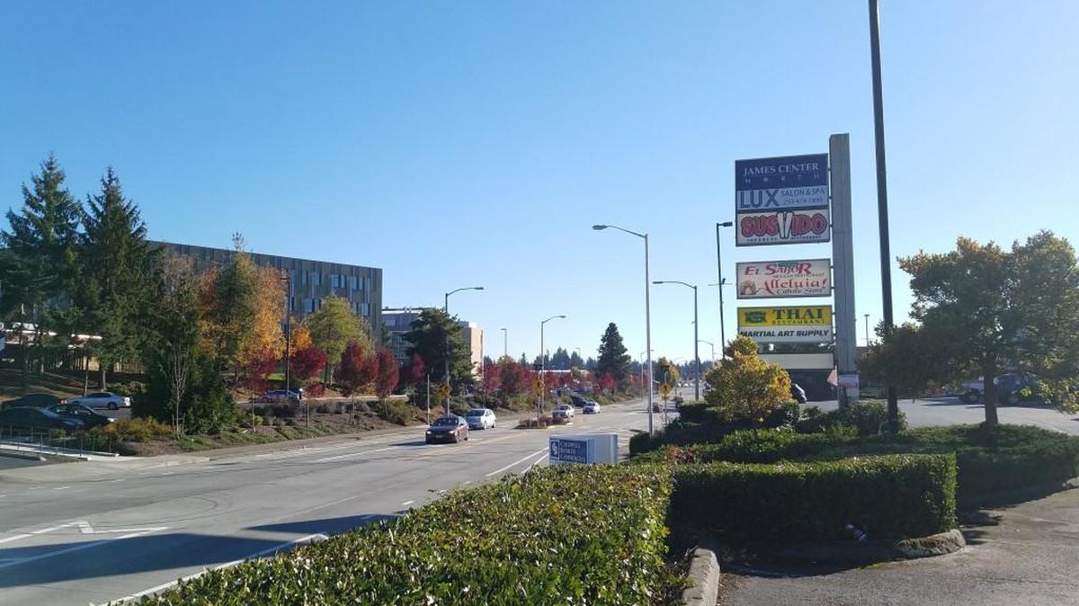 James Center North, looking south along South Mildred Street toward 19th Avenue West. The Tacoma Housing Authority has bought nearly seven acres for a future affordable housing development. Tacoma Community College is across the street.