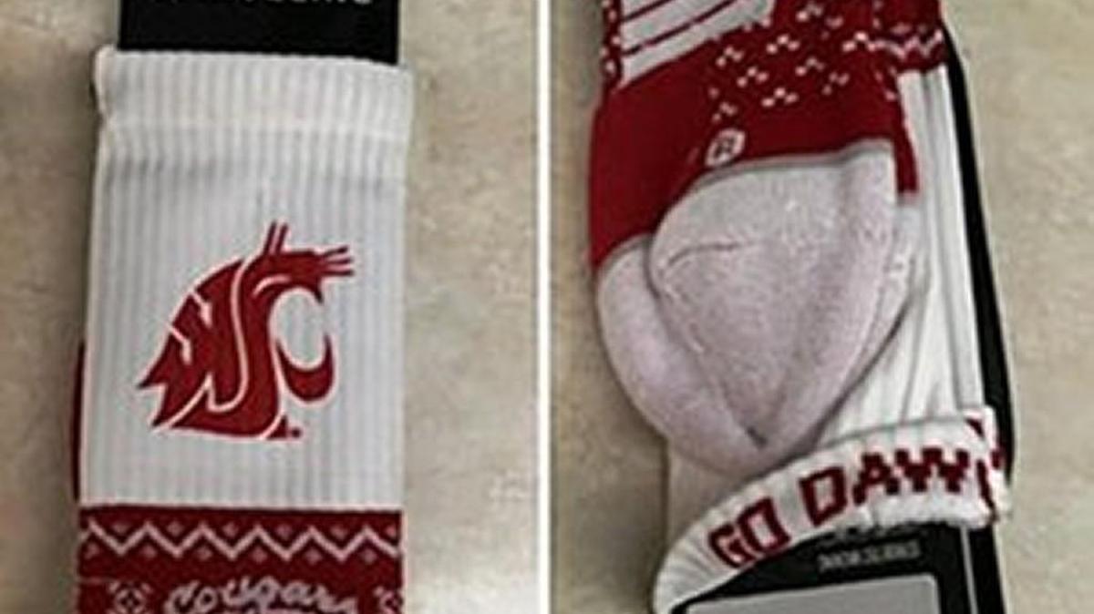 Cougars socks that on the inside say “Go Dawgs.” Bartell has issued a recall.