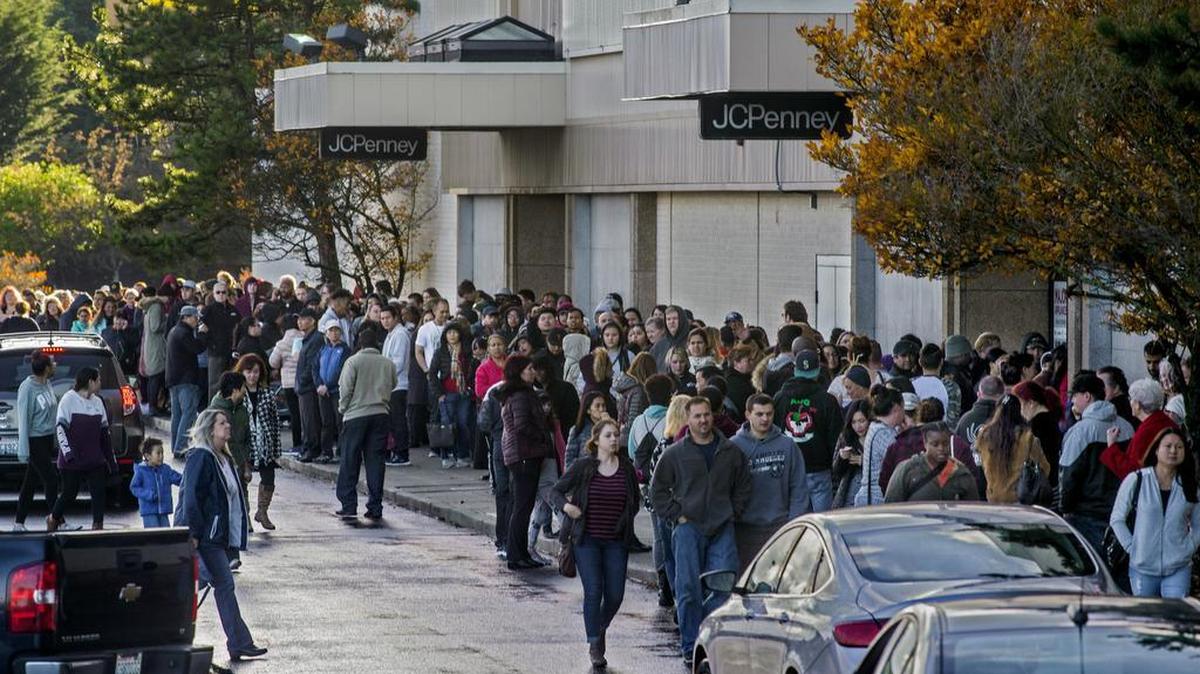 Hundreds of shoppers swarmed the doors of JC Penney when the department store opened mid-afternoon on Thanksgiving, November 22, 2017.