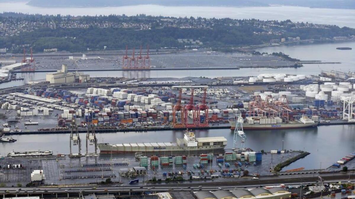 In this photo taken Aug. 2, 2014, terminals at the Port of Seattle are shown in an aerial photo.