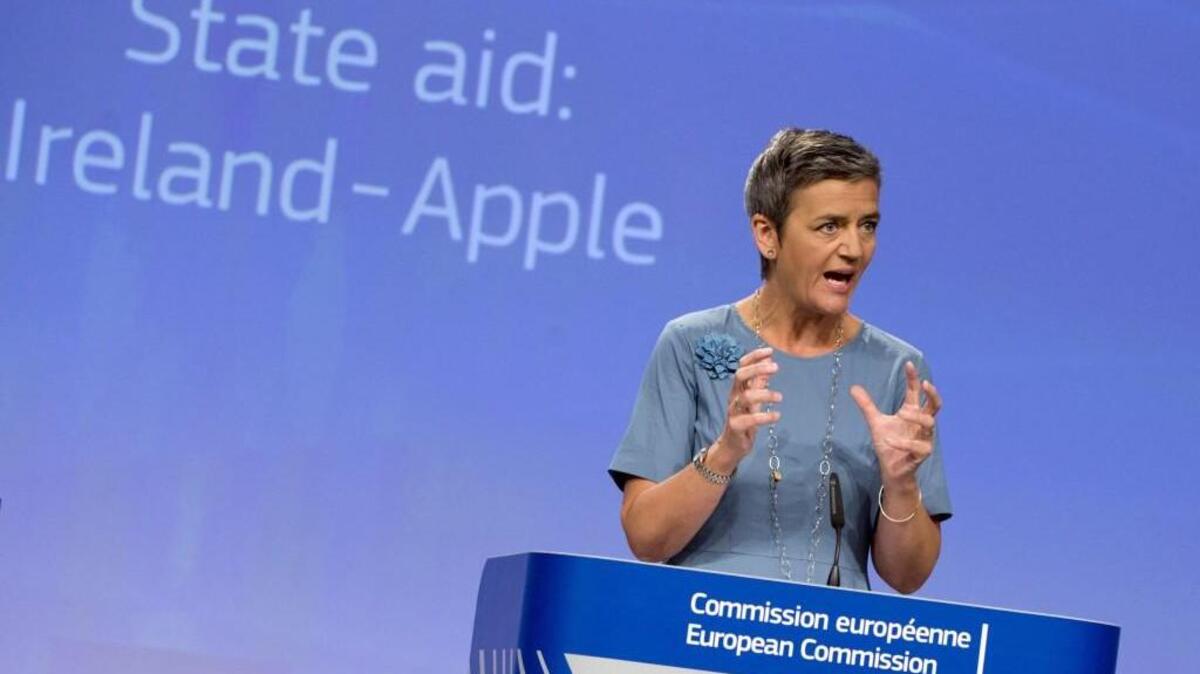 European Union Competition Commissioner Margrethe Vestager speaks during a media conference at EU headquarters in Brussels on Tuesday, Aug. 30, 2016. The European Union says Ireland has given illegal tax benefits to Apple Inc. and must now recover the unpaid back taxes from the U.S. technology company, plus interest.