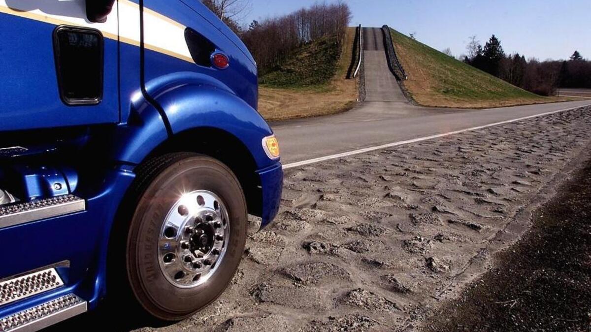 Uneven concrete and a steep grade are among the outdoor challenges trucks endure at the Paccar testing facility in Mount Vernon.